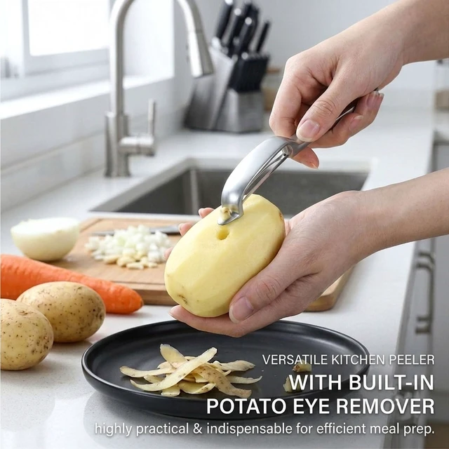 Alt view image 5 of 7 - Vegetable Peeler for Kitchen with 2 Orange Citrus Peelers 1 Brush | Ultra Sharp Stainless Steel Swivel Blade,Non-Slip Left Hand Friendly, Easy Peeling for Potatoes, Carrots, Apples and Fruits