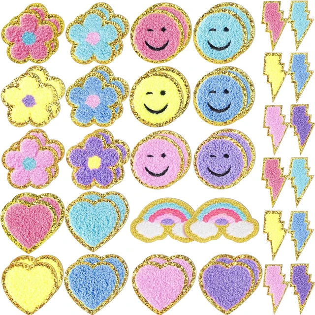 Main image of 50 Pcs Self Adhesive Chenille Patches Rainbow Smile Heart Patch | Multiple Style Chenille Patch, Pastel Color Paw Smile Heart Rainbow Design, Self Adhesive Sticker, for Jacket Jeans DIY Decor