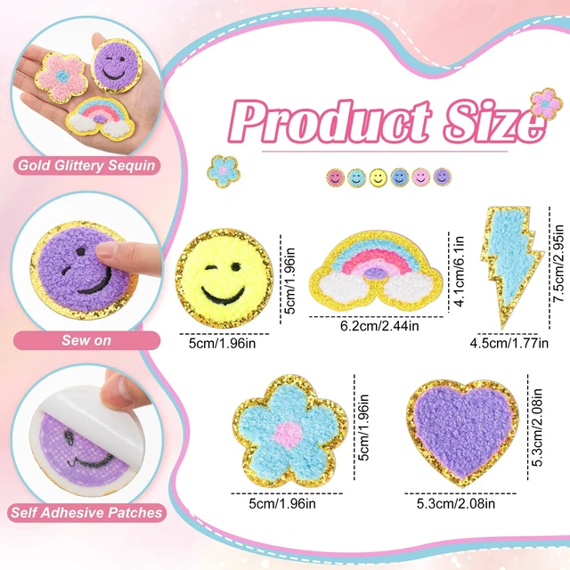 Alt view image 2 of 7 - 50 Pcs Self Adhesive Chenille Patches Rainbow Smile Heart Patch | Multiple Style Chenille Patch, Pastel Color Paw Smile Heart Rainbow Design, Self Adhesive Sticker, for Jacket Jeans DIY Decor