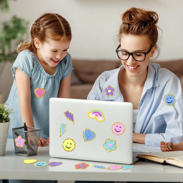 Alt view image 5 of 7 - 50 Pcs Self Adhesive Chenille Patches Rainbow Smile Heart Patch | Multiple Style Chenille Patch, Pastel Color Paw Smile Heart Rainbow Design, Self Adhesive Sticker, for Jacket Jeans DIY Decor
