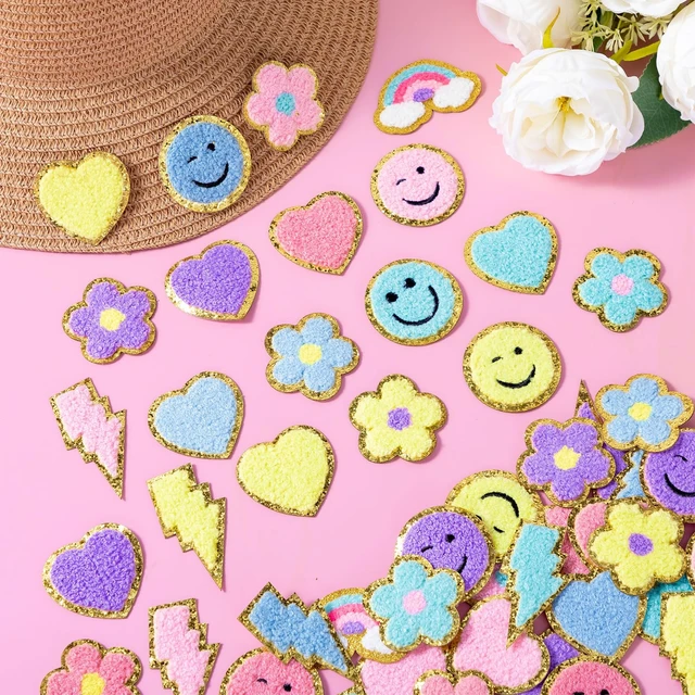 Alt view image 6 of 7 - 50 Pcs Self Adhesive Chenille Patches Rainbow Smile Heart Patch | Multiple Style Chenille Patch, Pastel Color Paw Smile Heart Rainbow Design, Self Adhesive Sticker, for Jacket Jeans DIY Decor