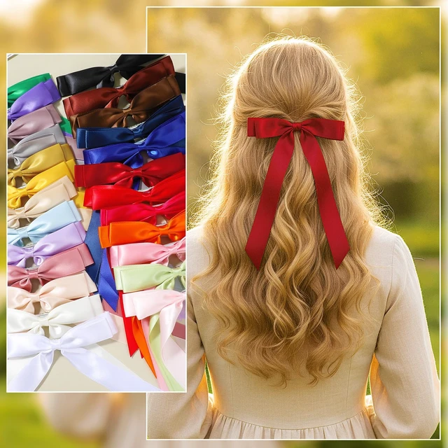 Alt view image 5 of 7 - 25pcs Hair Bows for Women Hair Bow Clips with Long Tail Ribbon Bowknot | Stylish, Hairs Barrettes, Ribbon Bow-knot Hairpins, Ponytail Holder Accessories, Solid Metal Clips, for Women Girls Teens Kid