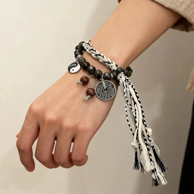 Alt view image 2 of 7 - Taoism Yin Yang bracelet,Tai Chi Bracelet,Woven Bracelet,Wrap Bracelet-Gift | Taoist Charm,Chinese Style Woven Wristband,Handwoven Beaded Wrap Bracelet,Lucky Bracelets For Women,Coin Bracelets