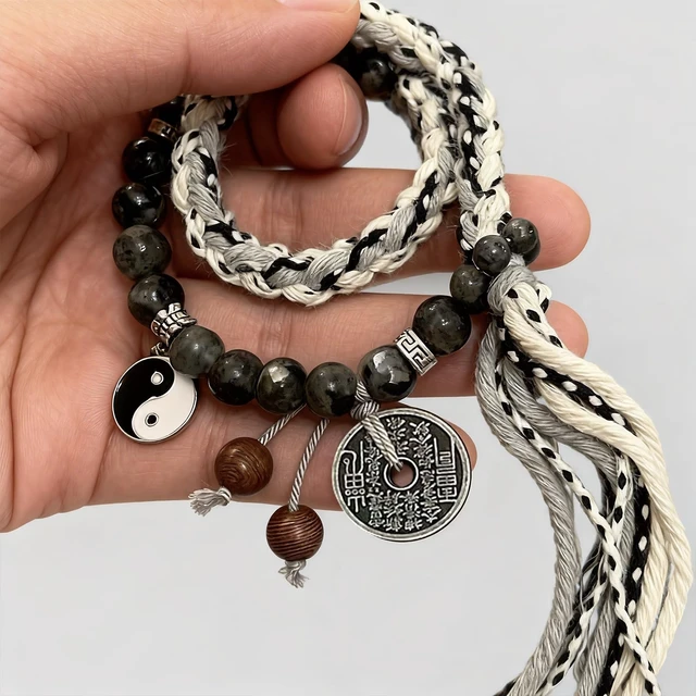 Alt view image 4 of 7 - Taoism Yin Yang bracelet,Tai Chi Bracelet,Woven Bracelet,Wrap Bracelet-Gift | Taoist Charm,Chinese Style Woven Wristband,Handwoven Beaded Wrap Bracelet,Lucky Bracelets For Women,Coin Bracelets