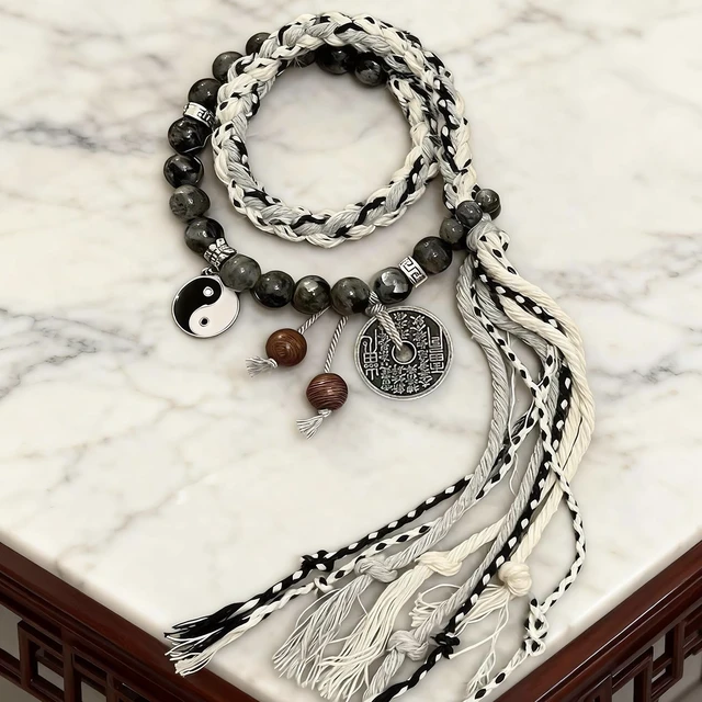 Alt view image 5 of 7 - Taoism Yin Yang bracelet,Tai Chi Bracelet,Woven Bracelet,Wrap Bracelet-Gift | Taoist Charm,Chinese Style Woven Wristband,Handwoven Beaded Wrap Bracelet,Lucky Bracelets For Women,Coin Bracelets