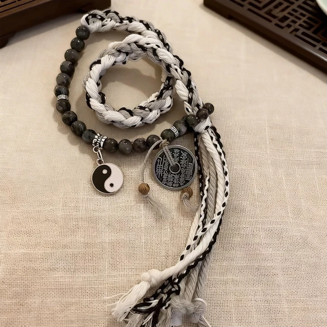 Alt view image 6 of 7 - Taoism Yin Yang bracelet,Tai Chi Bracelet,Woven Bracelet,Wrap Bracelet-Gift | Taoist Charm,Chinese Style Woven Wristband,Handwoven Beaded Wrap Bracelet,Lucky Bracelets For Women,Coin Bracelets