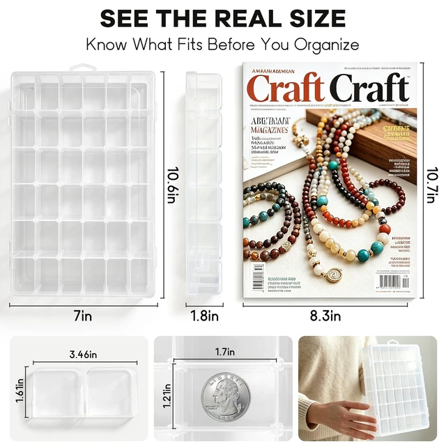 Alt view image 2 of 7 - 2 Pack 36-Grid Adjustable Organizer Box, Clear Storage for Beads & Jewelry | Customizable Compartments for Beads, Earrings, Screws, Crafts, Rocks, and Small Parts with Secure Snap Lid