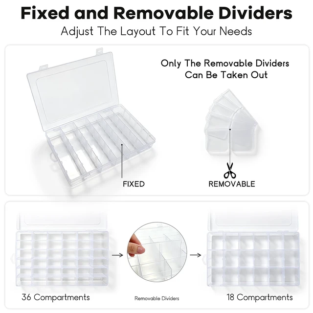 Alt view image 3 of 7 - 2 Pack 36-Grid Adjustable Organizer Box, Clear Storage for Beads & Jewelry | Customizable Compartments for Beads, Earrings, Screws, Crafts, Rocks, and Small Parts with Secure Snap Lid