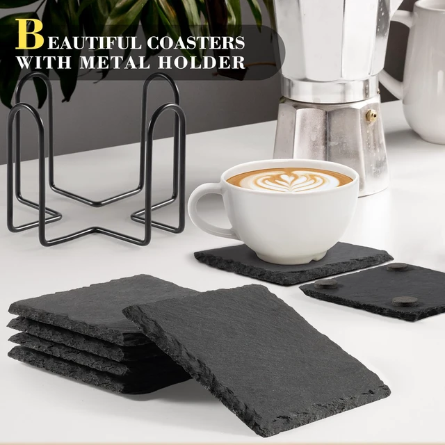 Alt view image 2 of 6 - Slate Coasters Set of 8 with Metal Holder, Modern Stone Coasters for Drinks | 4 Inch Coffee Table Coaster Set Home Decor for Kitchen, Dining Room, Outdoor, House Warming Gift, Wedding, Square, Black