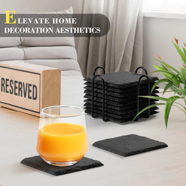 Alt view image 5 of 6 - Slate Coasters Set of 8 with Metal Holder, Modern Stone Coasters for Drinks | 4 Inch Coffee Table Coaster Set Home Decor for Kitchen, Dining Room, Outdoor, House Warming Gift, Wedding, Square, Black