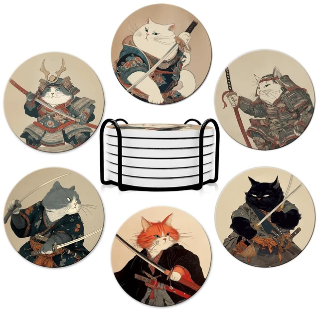 Main image of Coasters for Drinks, Round Absorbent Ceramic Stone Coasters Set of 6 with Cork Base, Funny Drink Coasters with Holder for Cold Drinks Wine Mugs and Cups Tabletop Protection,Japanese Cat