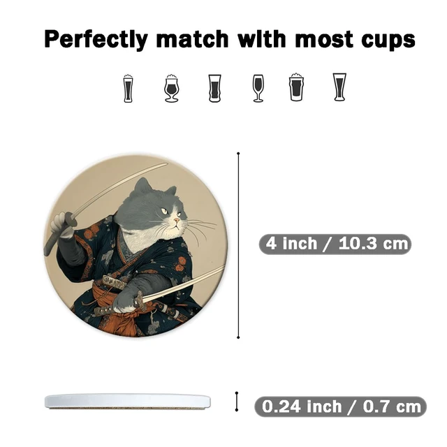 Alt view image 2 of 7 - Coasters for Drinks, Round Absorbent Ceramic Stone Coasters Set of 6 with Cork Base, Funny Drink Coasters with Holder for Cold Drinks Wine Mugs and Cups Tabletop Protection,Japanese Cat