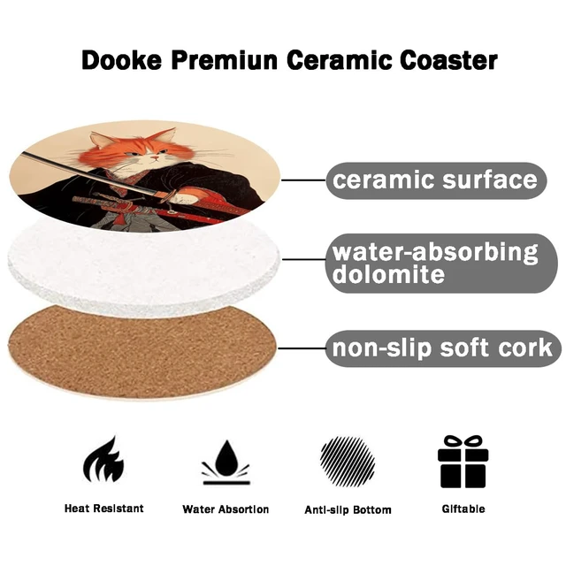 Alt view image 5 of 7 - Coasters for Drinks, Round Absorbent Ceramic Stone Coasters Set of 6 with Cork Base, Funny Drink Coasters with Holder for Cold Drinks Wine Mugs and Cups Tabletop Protection,Japanese Cat