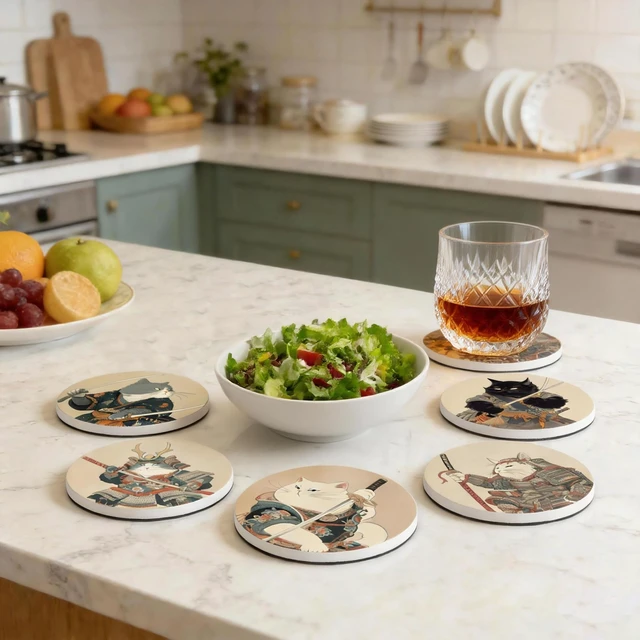 Alt view image 3 of 7 - Coasters for Drinks, Round Absorbent Ceramic Stone Coasters Set of 6 with Cork Base, Funny Drink Coasters with Holder for Cold Drinks Wine Mugs and Cups Tabletop Protection,Japanese Cat