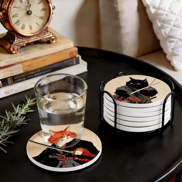 Alt view image 6 of 7 - Coasters for Drinks, Round Absorbent Ceramic Stone Coasters Set of 6 with Cork Base, Funny Drink Coasters with Holder for Cold Drinks Wine Mugs and Cups Tabletop Protection,Japanese Cat