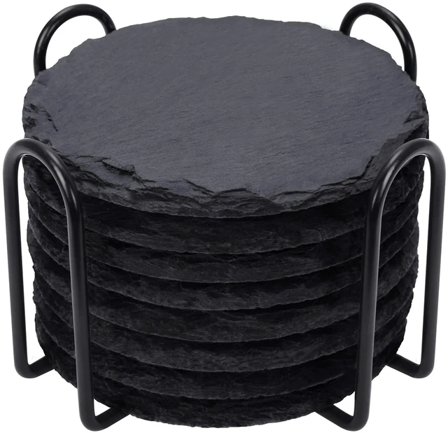 Main image of Slate Coasters Set of 8 with Metal Holder, Modern Stone Coasters for Drinks | 4 Inch Coffee Table Coaster Set Home Decor for Kitchen, Dining Room, Outdoor, House Warming Gifts, Wedding, Round, Black