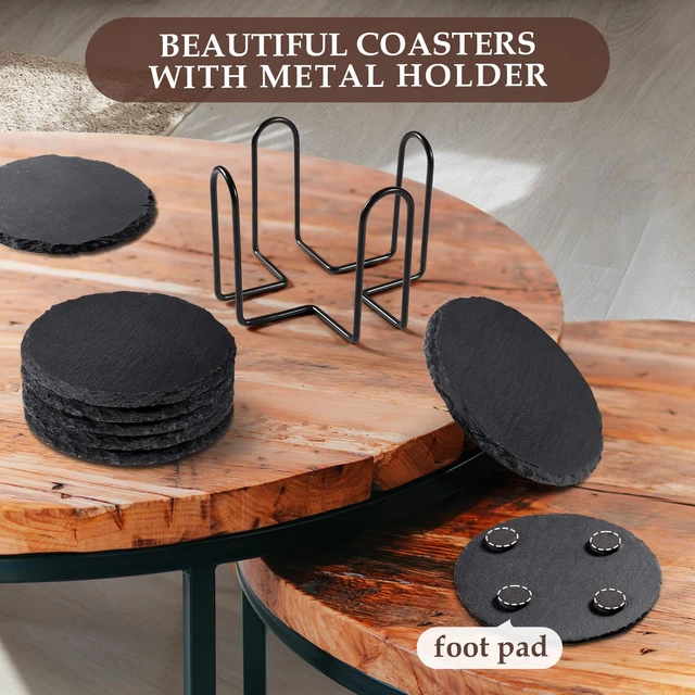 Alt view image 2 of 6 - Slate Coasters Set of 8 with Metal Holder, Modern Stone Coasters for Drinks | 4 Inch Coffee Table Coaster Set Home Decor for Kitchen, Dining Room, Outdoor, House Warming Gifts, Wedding, Round, Black
