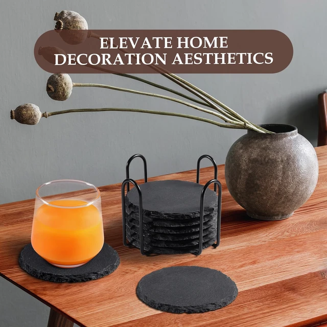 Alt view image 5 of 6 - Slate Coasters Set of 8 with Metal Holder, Modern Stone Coasters for Drinks | 4 Inch Coffee Table Coaster Set Home Decor for Kitchen, Dining Room, Outdoor, House Warming Gifts, Wedding, Round, Black