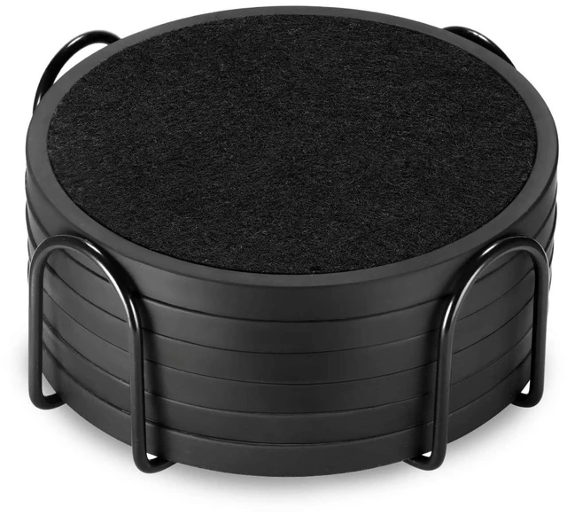 Main image of Absorbent Coasters for Drinks with Holder - 6packs, Silicone Coaster with Soft Felt Insert, Black (Coasters with Holder, Black)