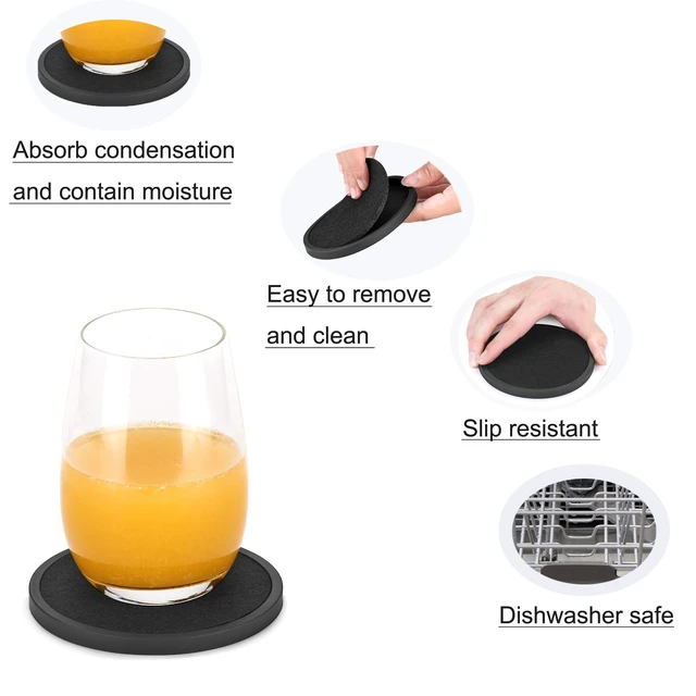 Alt view image 3 of 7 - Absorbent Coasters for Drinks with Holder - 6packs, Silicone Coaster with Soft Felt Insert, Black (Coasters with Holder, Black)