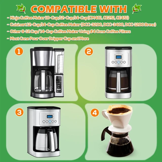 Alt view image 3 of 7 - 400 PCS #4 Cone Coffee Filters, Fits 8-12 & 14 Cup, Unbleached | Disposable Filter Paper Size 4, Compatible with Ninja and Cuisinart 12-Cup/ 14-Cup Coffee Machine, Drip Coffee Filters