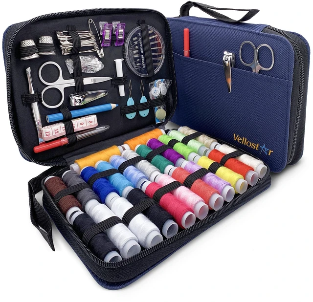Main image of Sewing Kit for Men & Adults - 100-Piece Navy Blue Beginner Set | 100-piece navy blue sewing kit with 36 needles, thread, scissors, and a durable travel case