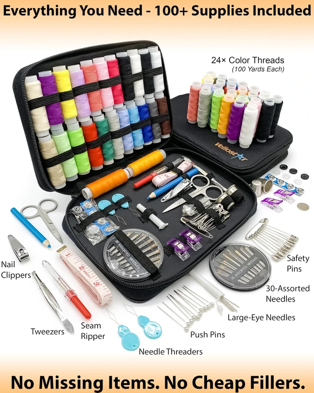 Alt view image 2 of 7 - Sewing Kit for Men & Adults - 100-Piece Navy Blue Beginner Set | 100-piece navy blue sewing kit with 36 needles, thread, scissors, and a durable travel case