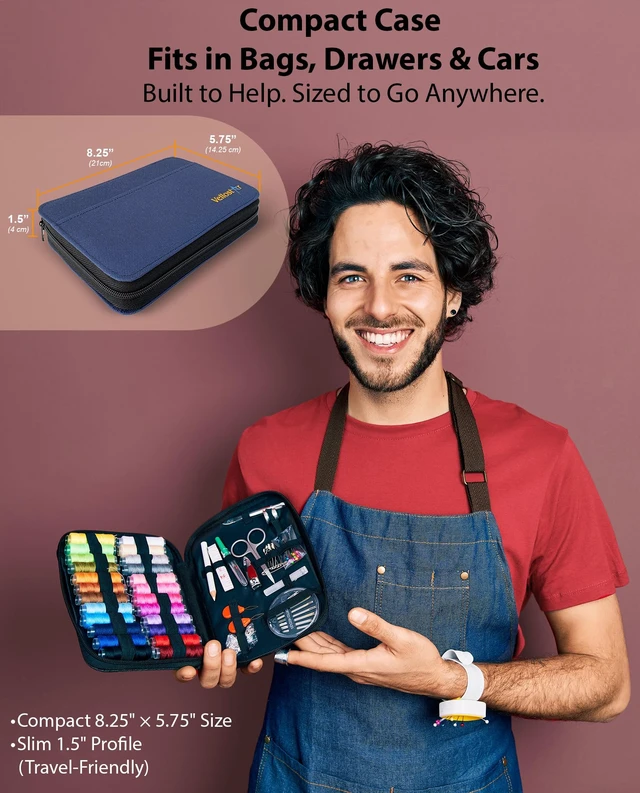 Alt view image 3 of 7 - Sewing Kit for Men & Adults - 100-Piece Navy Blue Beginner Set | 100-piece navy blue sewing kit with 36 needles, thread, scissors, and a durable travel case