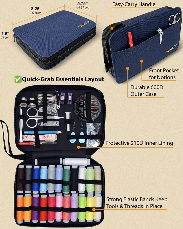 Alt view image 5 of 7 - Sewing Kit for Men & Adults - 100-Piece Navy Blue Beginner Set | 100-piece navy blue sewing kit with 36 needles, thread, scissors, and a durable travel case