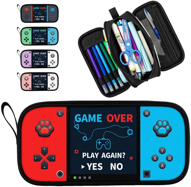 Main image of Game Controller Pencil Case for Boys Kids Teens, Large Capacity Pencil Pouch with 3 Compartments, 7 Pockets and Label Pocket for School College Office Travel (Red & Blue)