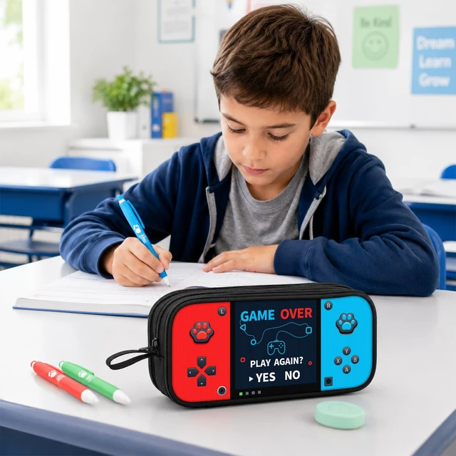 Alt view image 7 of 7 - Game Controller Pencil Case for Boys Kids Teens, Large Capacity Pencil Pouch with 3 Compartments, 7 Pockets and Label Pocket for School College Office Travel (Red & Blue)
