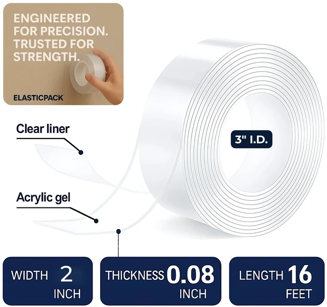 Alt view image 5 of 7 - Double Sided Nano Tape, 2 in Wide, Heavy Duty Wall Mounting, Heat Resistant | Extra-Wide & Thick (2mm) = More Contact Coverage, Stronger Hold for Large Mounting Jobs, 2 in x 16 ft