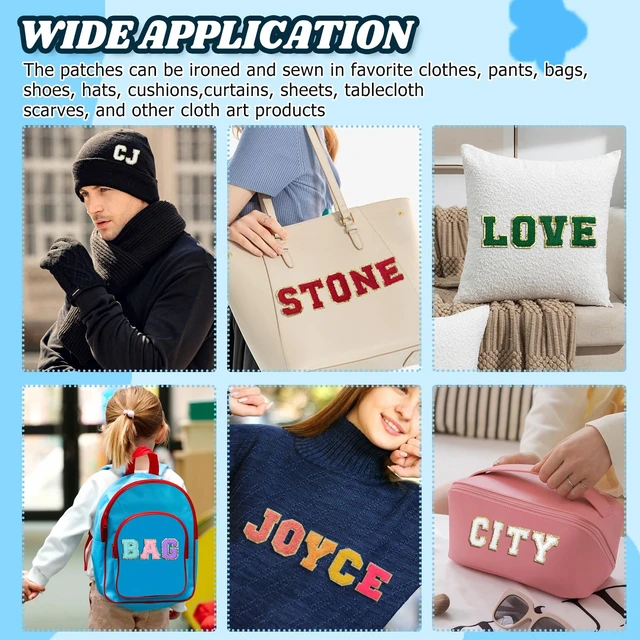 Alt view image 6 of 7 - 104 PCS Chenille Letter Patches White 2.2 Inches | Varsity Letter Stickers, Self Adhesive, For Hats, Bags, Makeup Bags, Backpacks