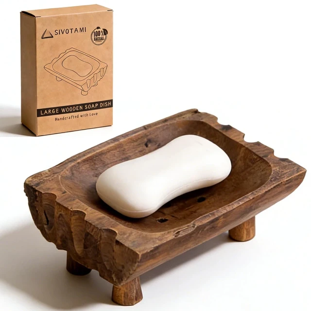 Main image of Large Rustic Teak Wood Soap Holder, Farmhouse Wooden Soap Dish,Decorative Bathroom Shower Soap Holder, Handmade Kitchen Countertop Soap Stand with Draining Holes