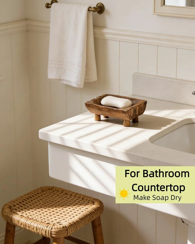 Alt view image 2 of 7 - Large Rustic Teak Wood Soap Holder, Farmhouse Wooden Soap Dish,Decorative Bathroom Shower Soap Holder, Handmade Kitchen Countertop Soap Stand with Draining Holes