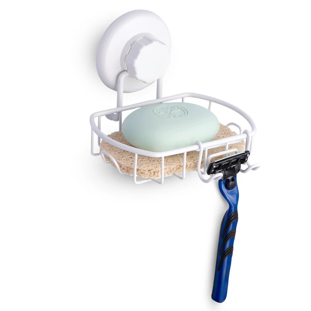 Alt view image 2 of 7 - Suction Cup Soap Dish for Shower Wall, Rustproof Stainless Steel Shower Soap Holder with Hooks for Bathroom, Includes Optional No Drill Adhesive Mount and Soap Savers, 2 Pack, White