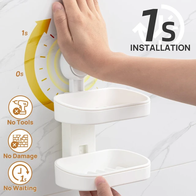 Alt view image 3 of 7 - Soap Holder, Soap Dish for Shower, Suction Cup Bar Soap Holder | 2 Layer Soap Bar Holder for Shower, Wall Mounted Self Draining, NO Drill Sponge Holder for Bathroom, Bathtub Kitchen Sink