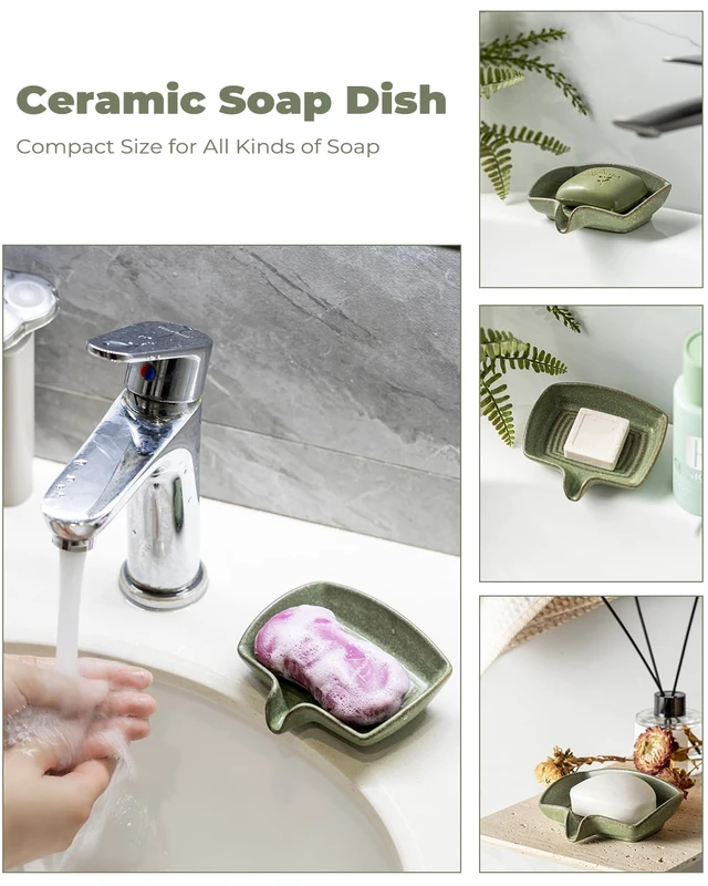 Alt view image 6 of 7 - Self Draining Soap Dish, Ceramic Bar Soap Holder with Drainage | Soap Saver with Waterfall Design Soap Tray for Shower, Bathroom, Sink, Kitchen and Countertop, Farmhouse Kitchen Decor, Green