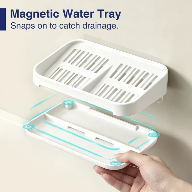 Alt view image 3 of 7 - Self-Draining Soap Dish, 2-Compartment Bar Soap Holder | Soap Saver with Magnetic Detachable Tray, Shampoo and Conditioner Bar Holder, ABS Plastic Soap Holder for Shower, White