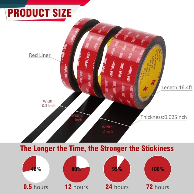 Alt view image 2 of 7 - 3M 5925 Double Sided Tape, 0.5 in x 16.4 ft Heavy Duty Foam Tape, 2 Pack | 0.025 in Black Acrylic Foam, Water-Resistant Bond, for RV, Auto, LED Strips, Metal, Glass, Tile and Wood