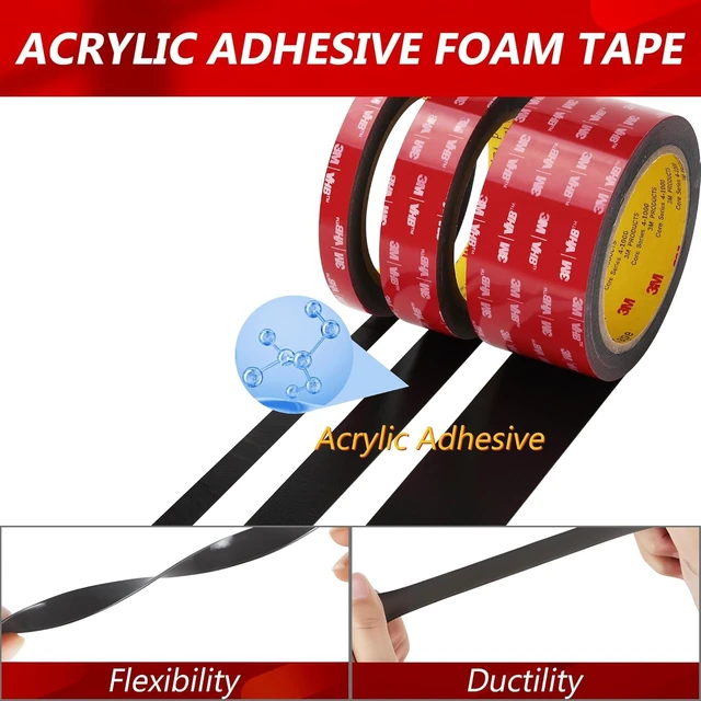 Alt view image 5 of 7 - 3M 5925 Double Sided Tape, 0.5 in x 16.4 ft Heavy Duty Foam Tape, 2 Pack | 0.025 in Black Acrylic Foam, Water-Resistant Bond, for RV, Auto, LED Strips, Metal, Glass, Tile and Wood