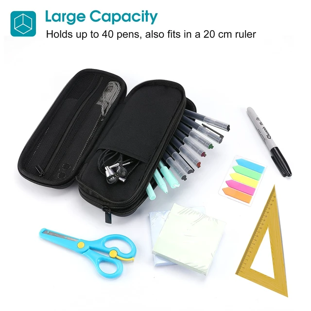 Alt view image 4 of 6 - 2-Layer Hard Pencil Case, Large Capacity Storage Box Pouch, Black | Stationery Holder Organizer with Zipper Fits Pens Desk Office & School Supplies