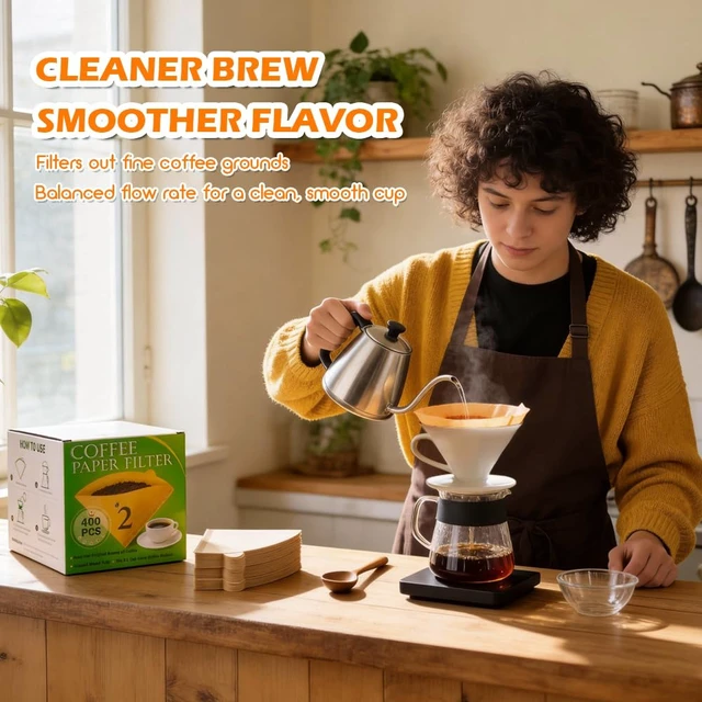 Alt view image 2 of 7 - 400 Count #2 Pour Over Cone Coffee Filters, Unbleached, 14 Cup | Number 2 Disposable Natural Paper Filter, Size 02 Cone-Shaped for Pour-Over Drippers, Drip Coffee Makers Filter Baskets