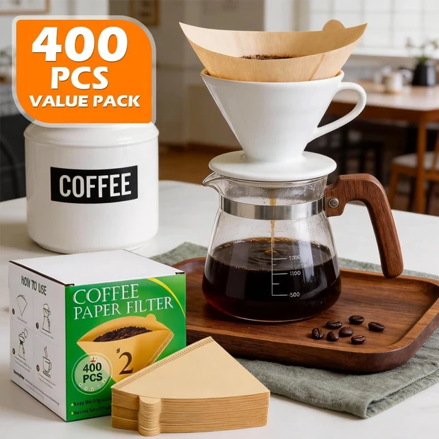 Alt view image 3 of 7 - 400 Count #2 Pour Over Cone Coffee Filters, Unbleached, 14 Cup | Number 2 Disposable Natural Paper Filter, Size 02 Cone-Shaped for Pour-Over Drippers, Drip Coffee Makers Filter Baskets