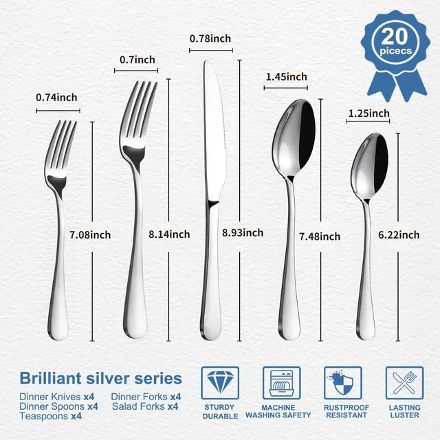 Alt view image 2 of 7 - Silverware Set for 4-20 Piece Stainless Steel Flatware Set with Spoons, Forks, Knives, Heavy Duty Mirror Polished Flatware for Home, Kitchen, Restaurant, Dishwasher Safe
