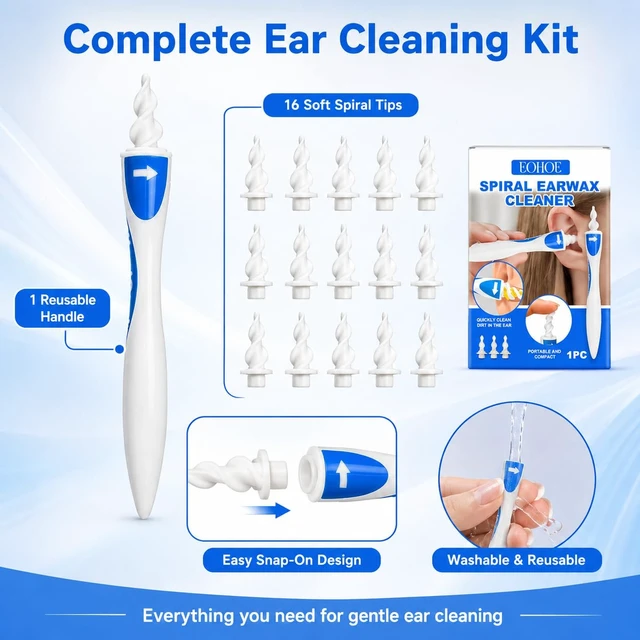 Alt view image 2 of 7 - Ear Wax Removal Kit, Reusable Spiral Ear Cleaner with 16 Soft Flexible Replacement Tips, Washable Ear Wax Removal Tool for Adults, Easy-Twist Ear Care Set