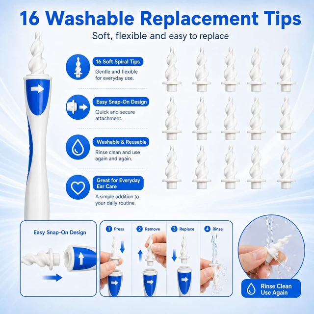 Alt view image 4 of 7 - Ear Wax Removal Kit, Reusable Spiral Ear Cleaner with 16 Soft Flexible Replacement Tips, Washable Ear Wax Removal Tool for Adults, Easy-Twist Ear Care Set