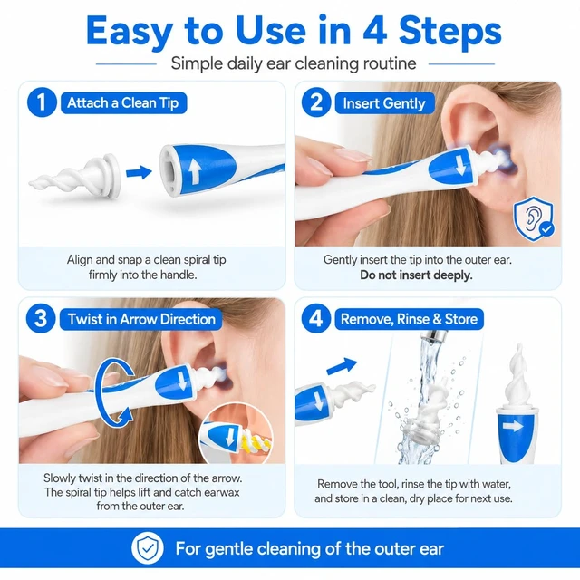 Alt view image 5 of 7 - Ear Wax Removal Kit, Reusable Spiral Ear Cleaner with 16 Soft Flexible Replacement Tips, Washable Ear Wax Removal Tool for Adults, Easy-Twist Ear Care Set