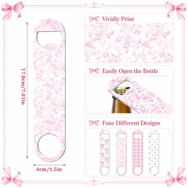 Alt view image 2 of 6 - 4 Pcs Flat Bottle Opener Heavy Duty Stainless Steel Opener,Pink Bow | 7 Inches Beer Flask Tools for Kitchen, Rustproof Metal Tool for Bar/restaurant, Easy Grip Flat Design