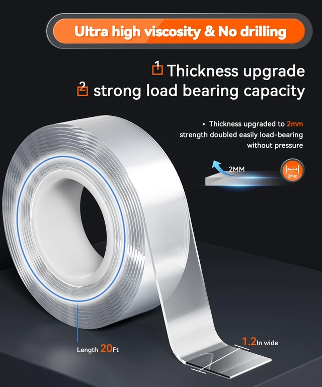 Alt view image 5 of 7 - Strong Heavy Duty Double Sided Tape, 1.2" x 20FT Extra Large Clear & Tough Removable Nano Adhesive Filament Tape for Wall Hanging Strip Poster Deco Rug (1/12" Thick)